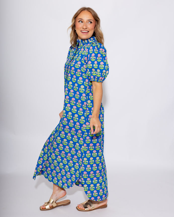 Blue Botanical Puff Sleeve Floral Midi Dress - Entro - Gaudie & Co. Southeast Texas Boutique