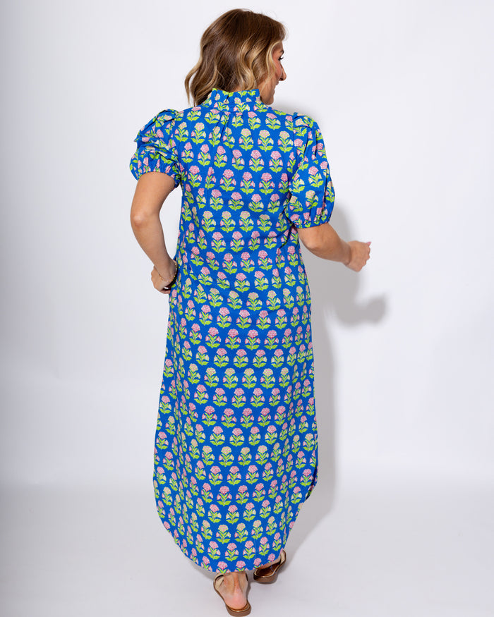Blue Botanical Puff Sleeve Floral Midi Dress - Entro - Gaudie & Co. Southeast Texas Boutique