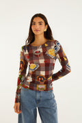 FARM Rio model wearing the Brown Country Table Tartan Long Sleeve Jersey Blouse