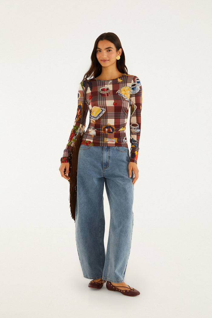 FARM Rio model wearing the Brown Country Table Tartan Long Sleeve Jersey Blouse