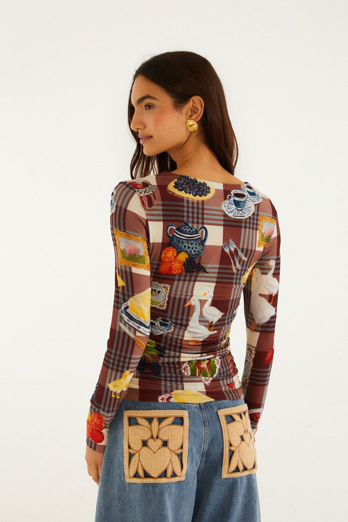 FARM Rio model wearing the Brown Country Table Tartan Long Sleeve Jersey Blouse