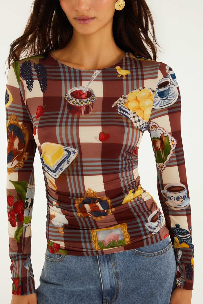 FARM Rio model wearing the Brown Country Table Tartan Long Sleeve Jersey Blouse