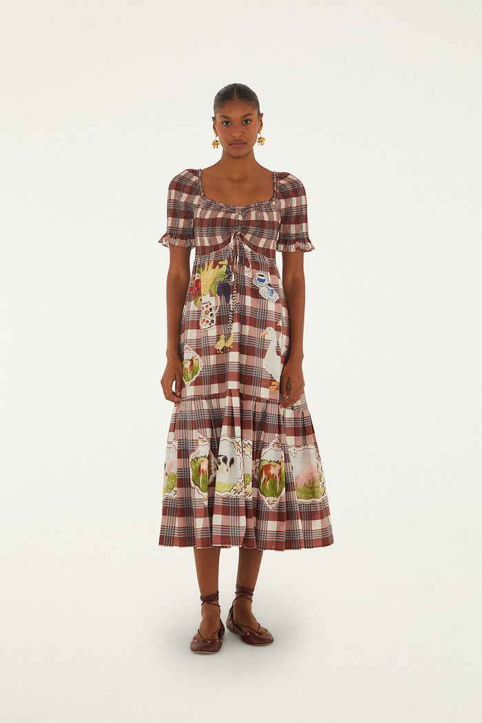 FARM Rio model wearing the Brown Country Table Tartan Smocked Maxi Dress