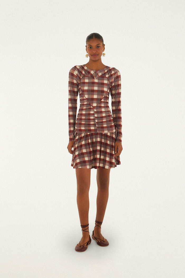 FARM Rio model wearing the Brown Country Tartan Heart Ruched Mini Dress