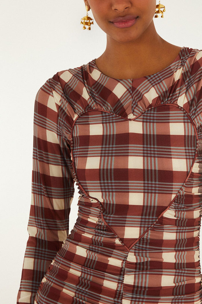 FARM Rio model wearing the Brown Country Tartan Heart Ruched Mini Dress