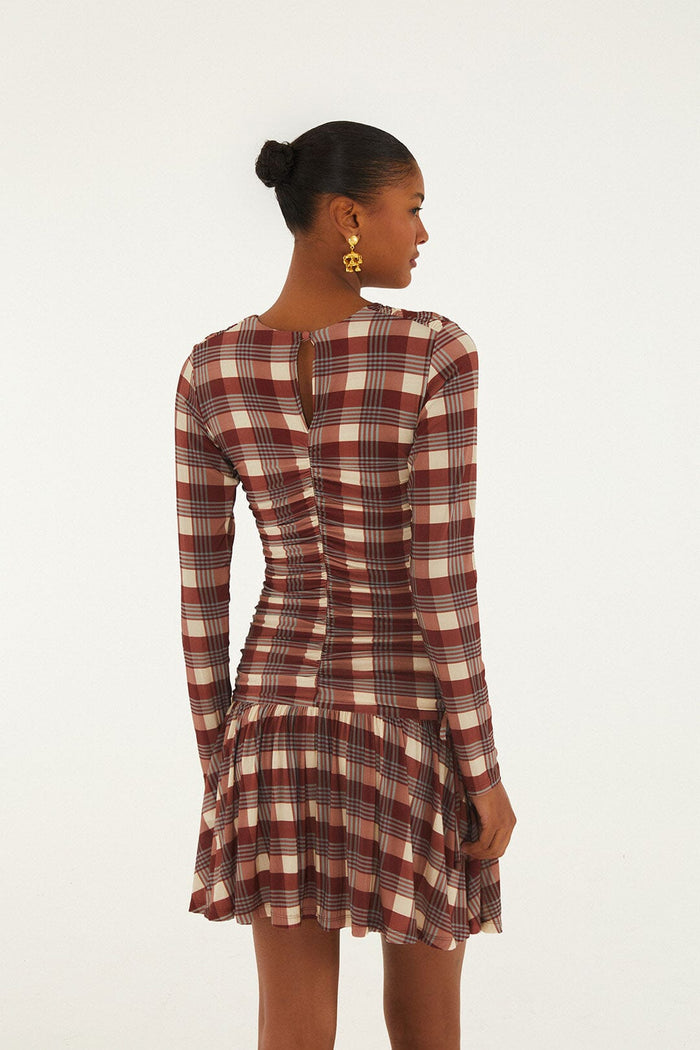 FARM Rio model wearing the Brown Country Tartan Heart Ruched Mini Dress