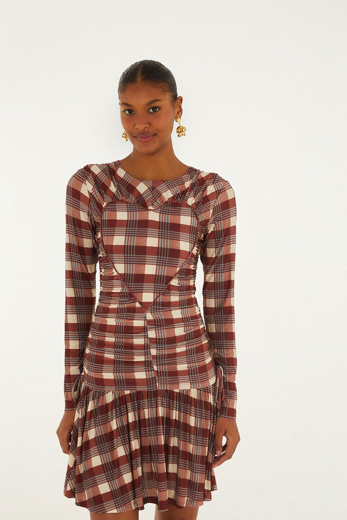 FARM Rio model wearing the Brown Country Tartan Heart Ruched Mini Dress