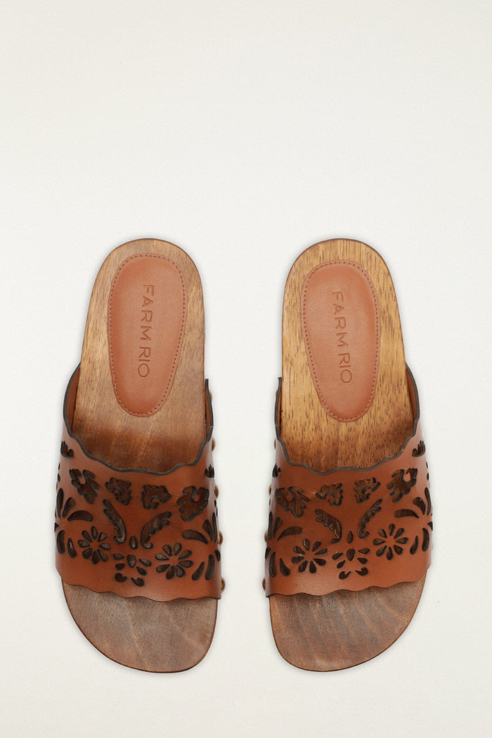 FARM Rio model wearing the Brown Lace Leather Clog
