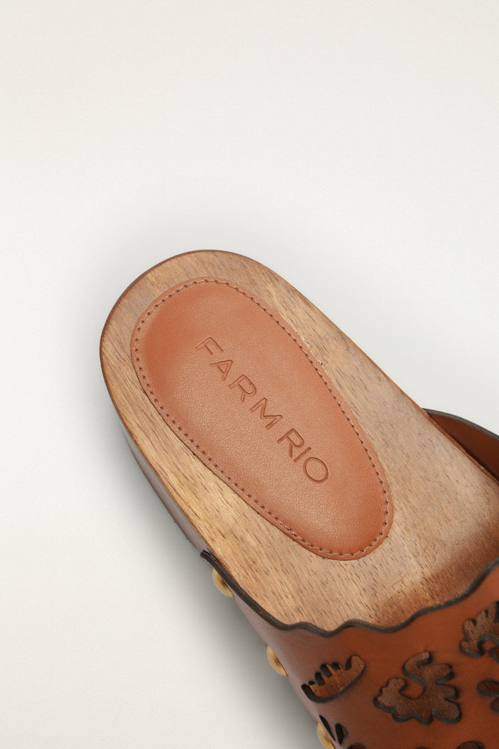 FARM Rio model wearing the Brown Lace Leather Clog