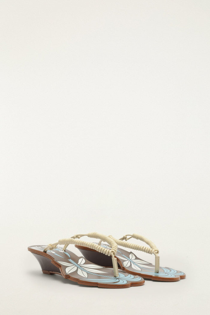 FARM Rio model wearing the Brown Palm Tree Cutwork Wedge Sandal