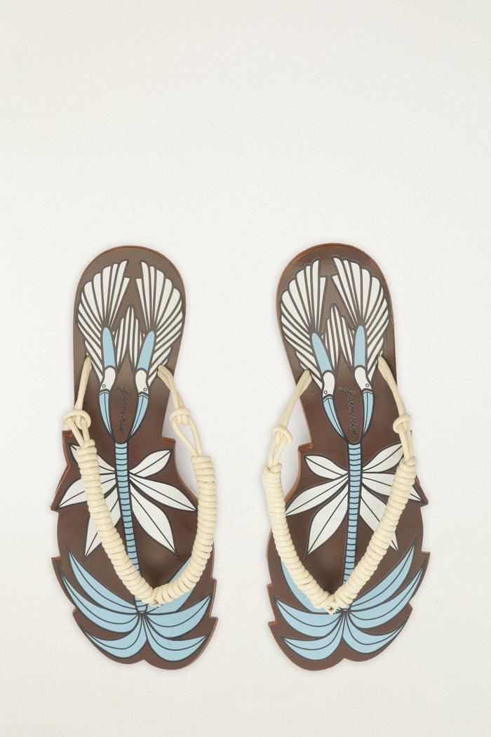 FARM Rio model wearing the Brown Palm Tree Cutwork Wedge Sandal