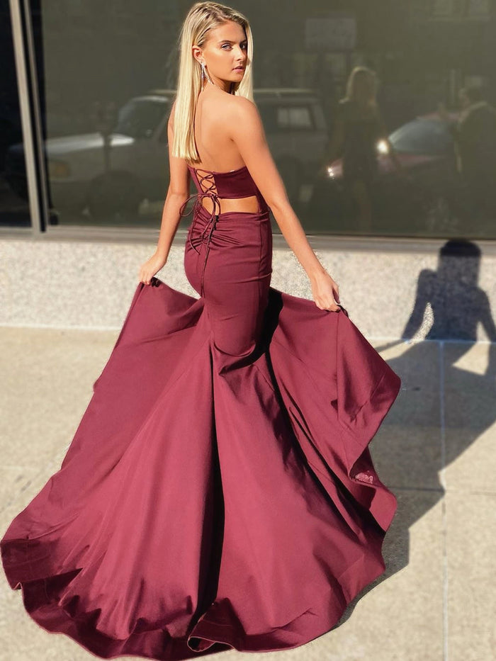 Burgundy Mermaid Prom Dress with Corset Back, Maroon Mermaid Formal Evening Graduation Dresses