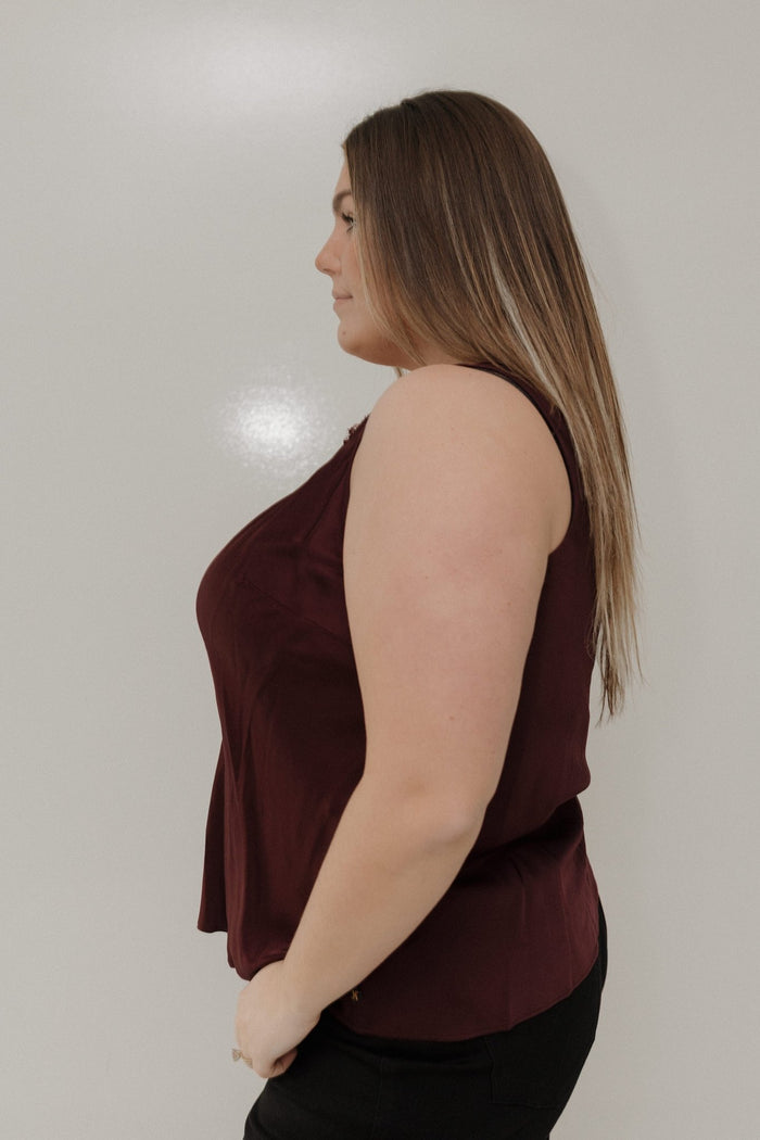 Burgundy Satin Lace V - Neck Tank - Love Marlow