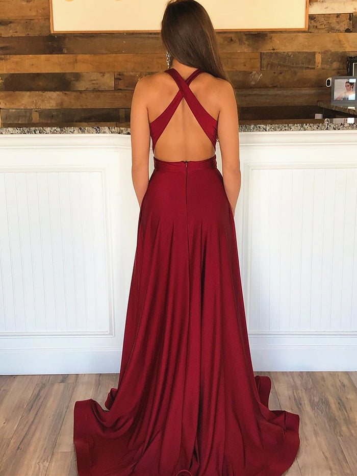 Burgundy V Neck Backless Prom Dresses with Train, Wine Red Backless V Neck Formal Evening Dresses