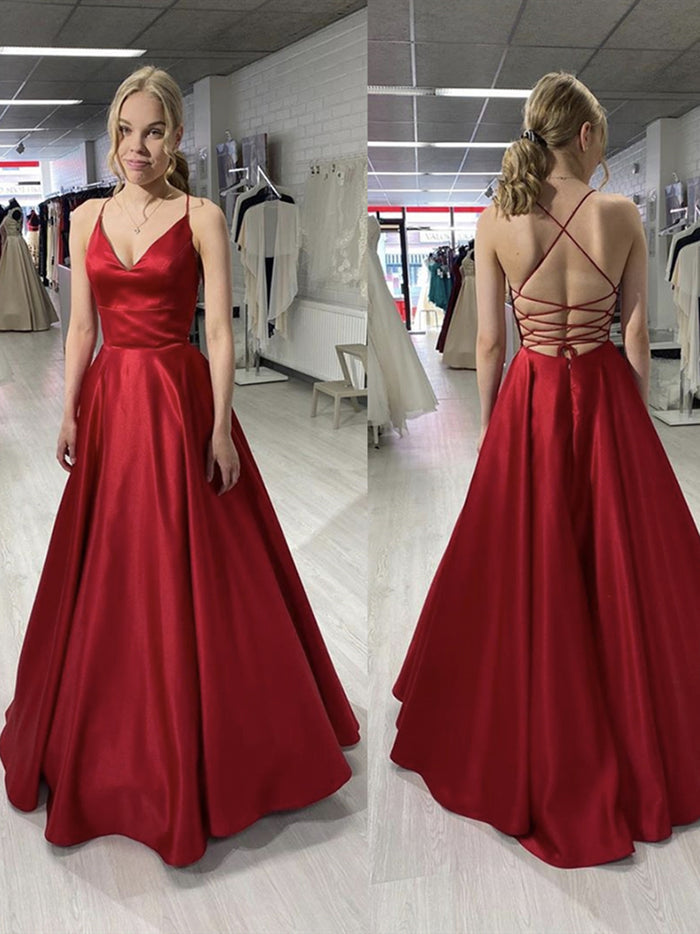 Burgundy V Neck Long Backless Prom Dresses, Open Back Burgundy V Neck Long Formal Evening Dresses