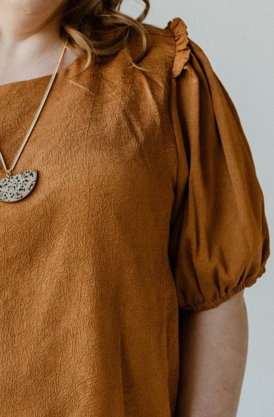 Butterscotch Satiny Crinkle Blouse | Ruffled Puff Sleeve Top - Love Marlow