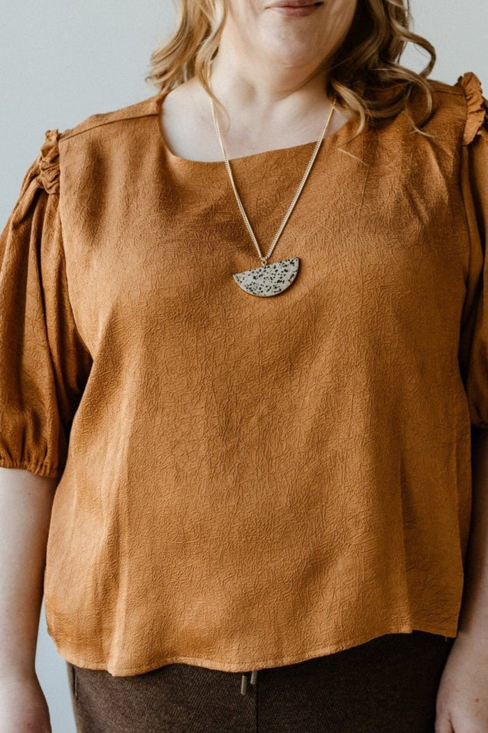Butterscotch Satiny Crinkle Blouse | Ruffled Puff Sleeve Top - Love Marlow