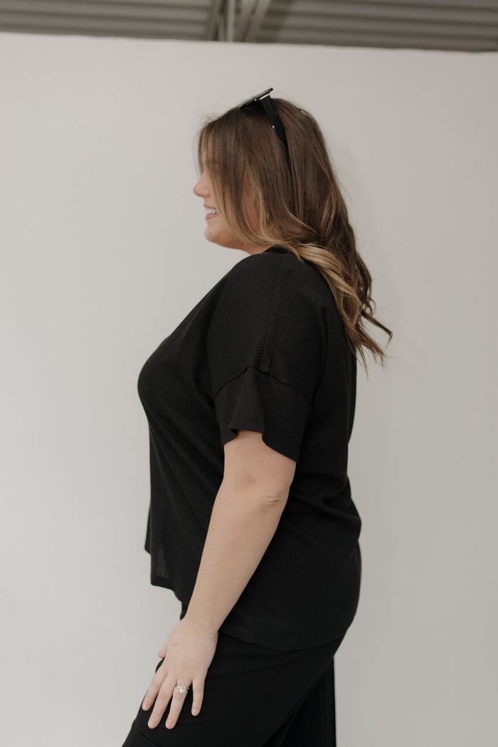 Button Detail Waffle Knit Top – Black - Love Marlow