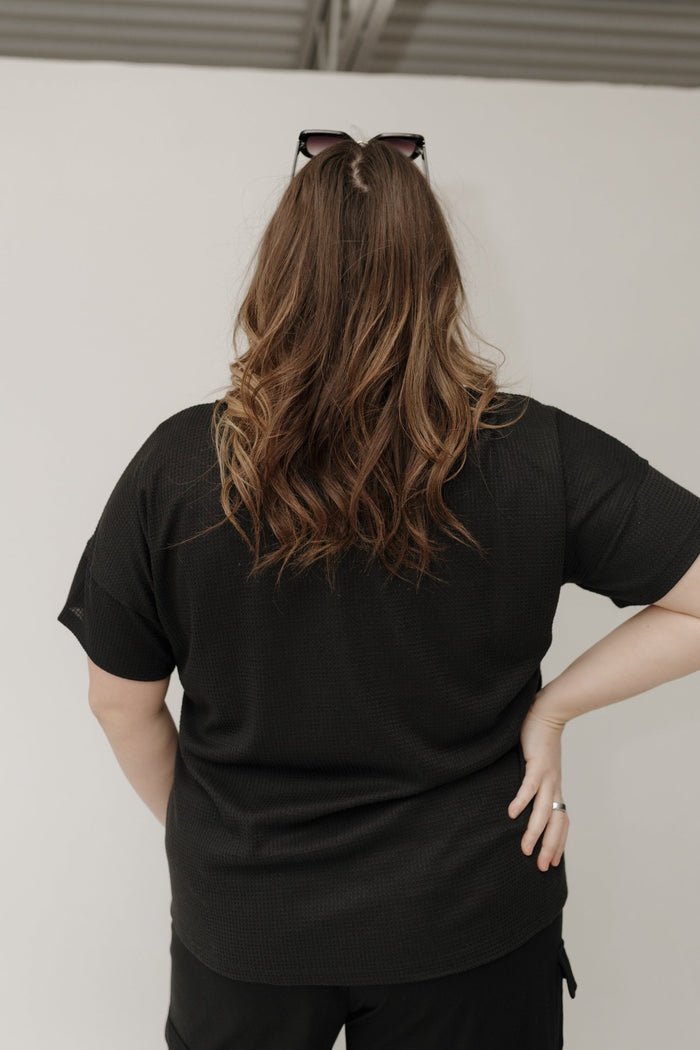 Button Detail Waffle Knit Top – Black - Love Marlow
