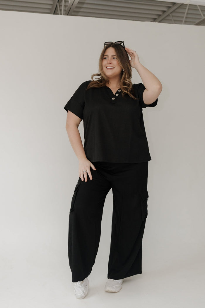 Button Detail Waffle Knit Top – Black - Love Marlow