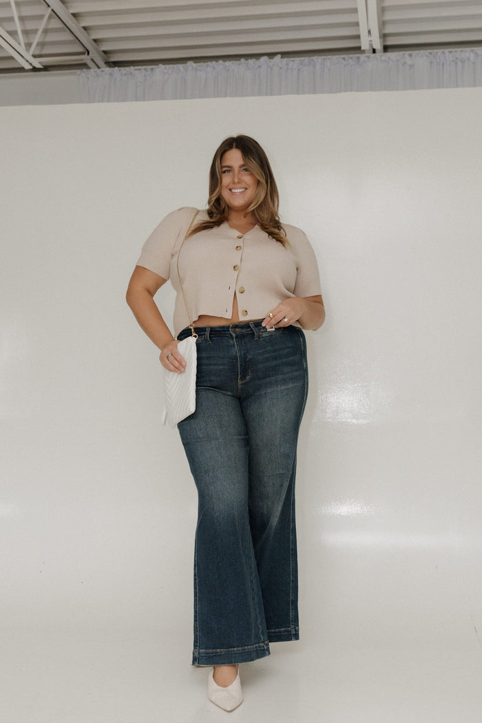 BUTTON FRONT SHORT SLEEVE RIBBED CARDIGAN - Love Marlow