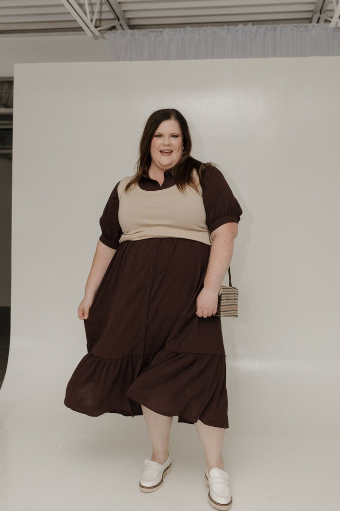 BUTTON FRONT TIERED DRESS IN TRUFFLE BROWN - Love Marlow