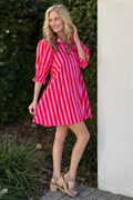 Back view of striped mini dress with adjustable self-tie waist