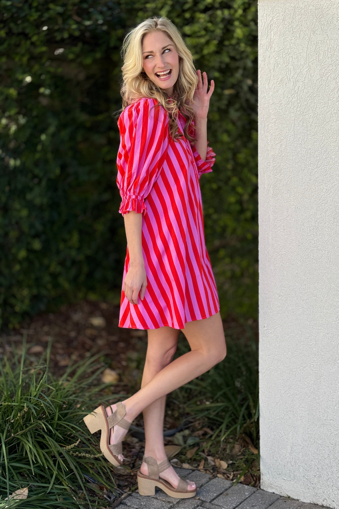 Candy Stripe Charm Puff Sleeve Mini Dress