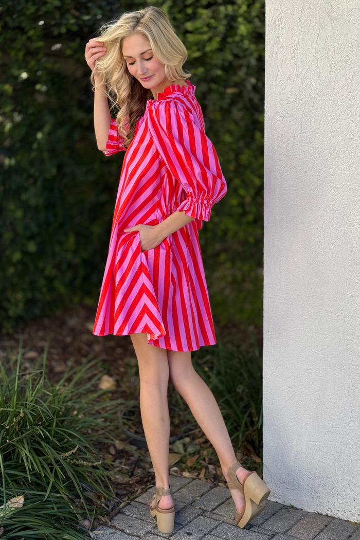 Candy Stripe Charm Puff Sleeve Mini Dress