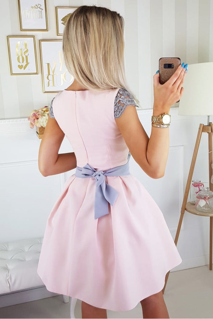Cap Sleeves Short Pink Prom Dress with Gray Lace, Short Pink Lace Formal Graduation Homecoming Dresses