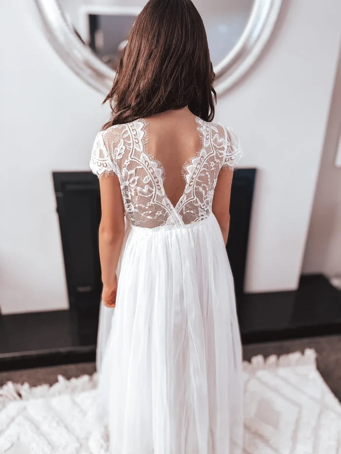 Celeste Girls White Lace & Tulle Dress - Flower Girl Dress - A Little Lacey