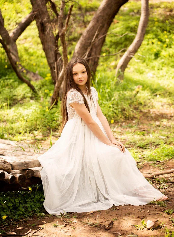 Celeste Girls White Lace & Tulle Dress - Flower Girl Dress - A Little Lacey