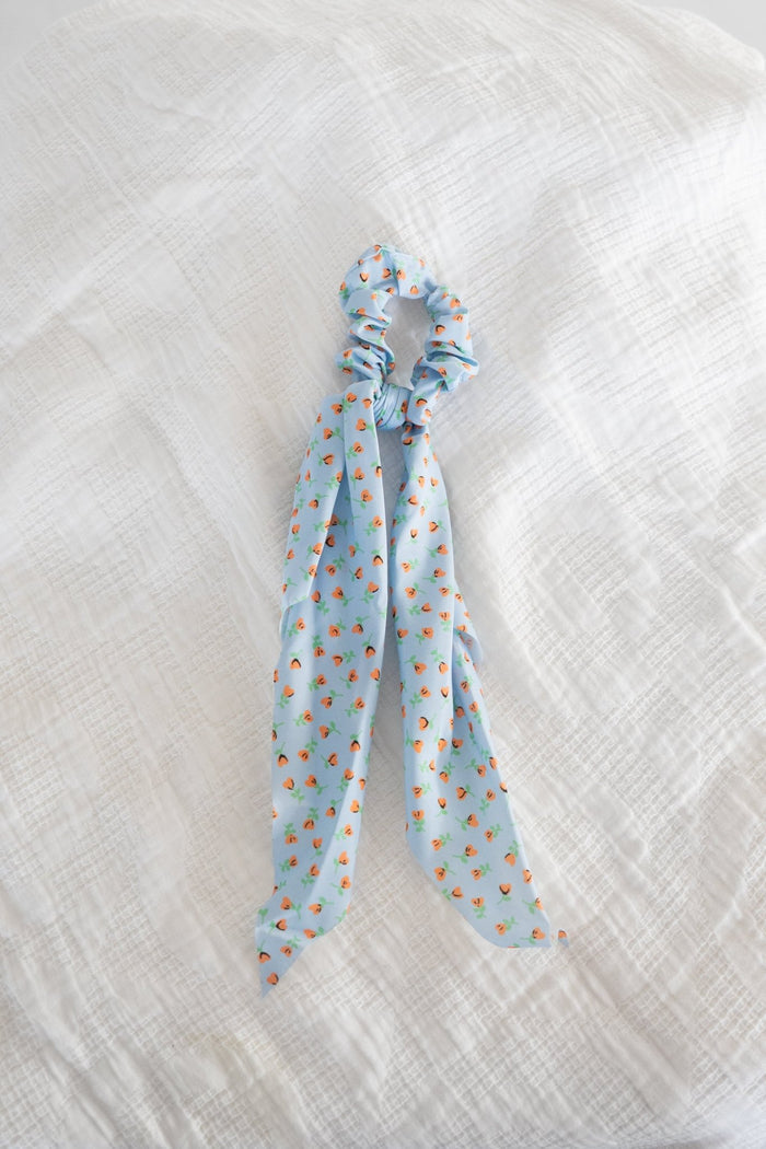Chambray Blue Floral Bow Scrunchie – Versatile Hair Tie & Ponytail Holder - Love Marlow
