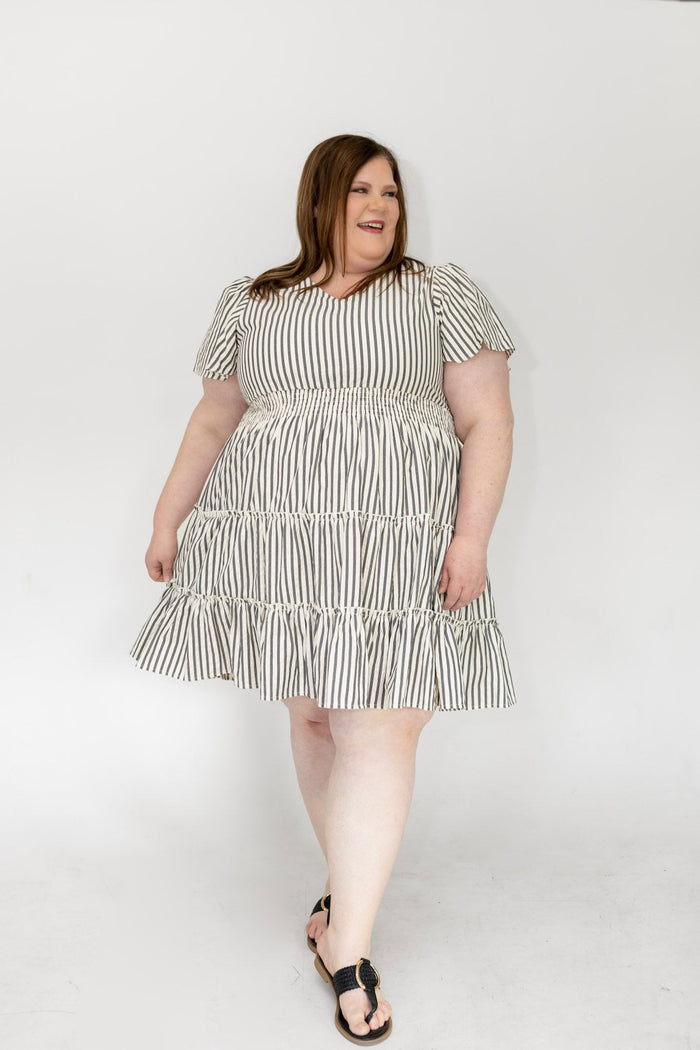 Charcoal Stripe Smocked Waist Tiered Flutter Dress - Love Marlow