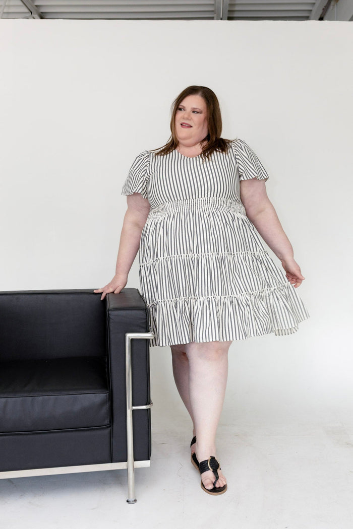 Charcoal Stripe Smocked Waist Tiered Flutter Dress - Love Marlow