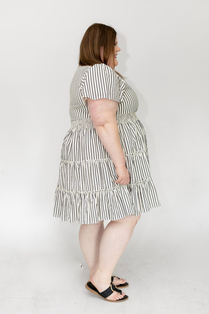 Charcoal Stripe Smocked Waist Tiered Flutter Dress - Love Marlow