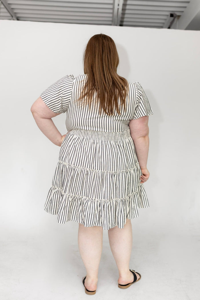 Charcoal Stripe Smocked Waist Tiered Flutter Dress - Love Marlow