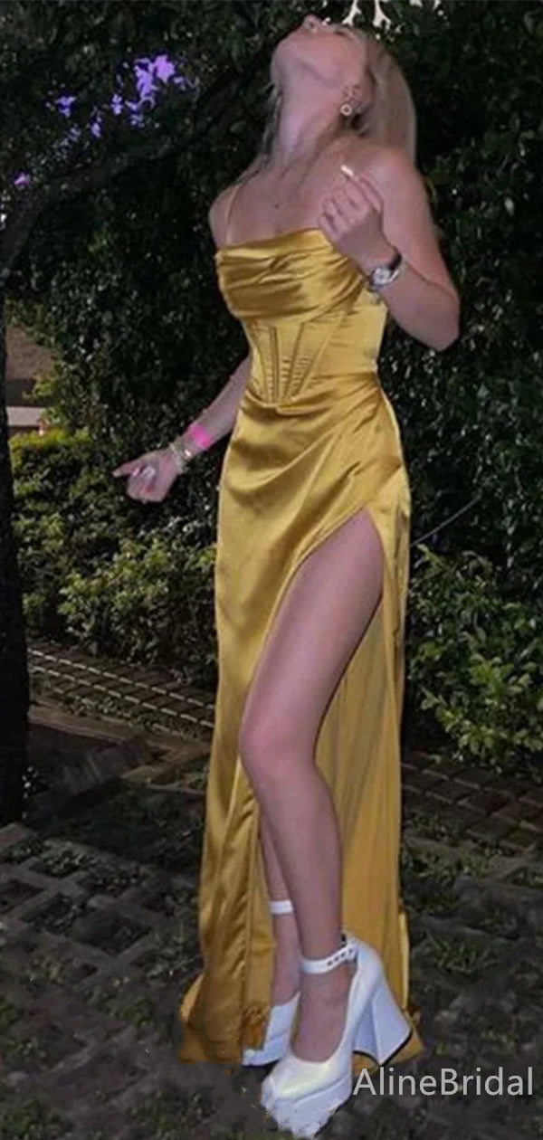 Charming Gold Cowl Neck Corset Mermaid Long Prom Dress with Slit, PD38007