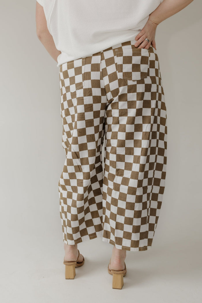 Checkered Barrel Leg Denim Pants in Mocha & Off - White - Love Marlow