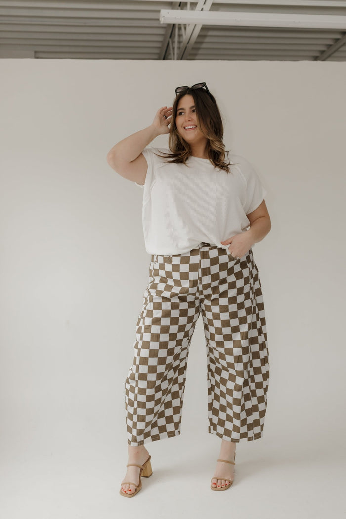 Checkered Barrel Leg Denim Pants in Mocha & Off - White - Love Marlow