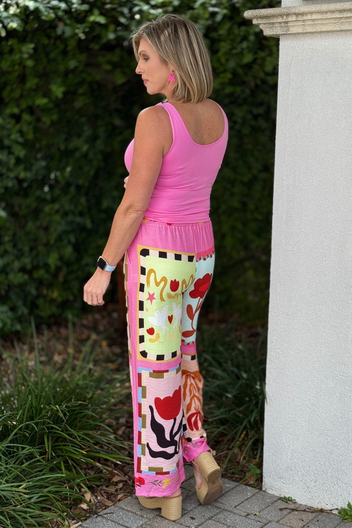 High rise straight leg colorful boutique pants with adjustable tie waist