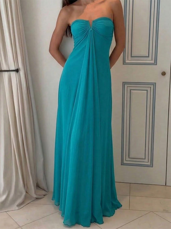 Chic Peacock Blue Strapless A-line Maxi Evening Dress, PD2823107