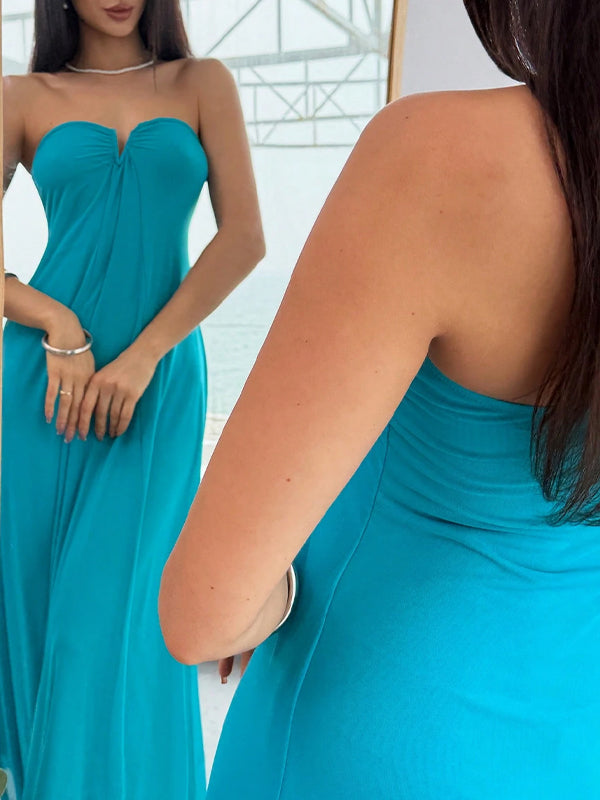 Chic Peacock Blue Strapless A-line Maxi Evening Dress, PD2823107