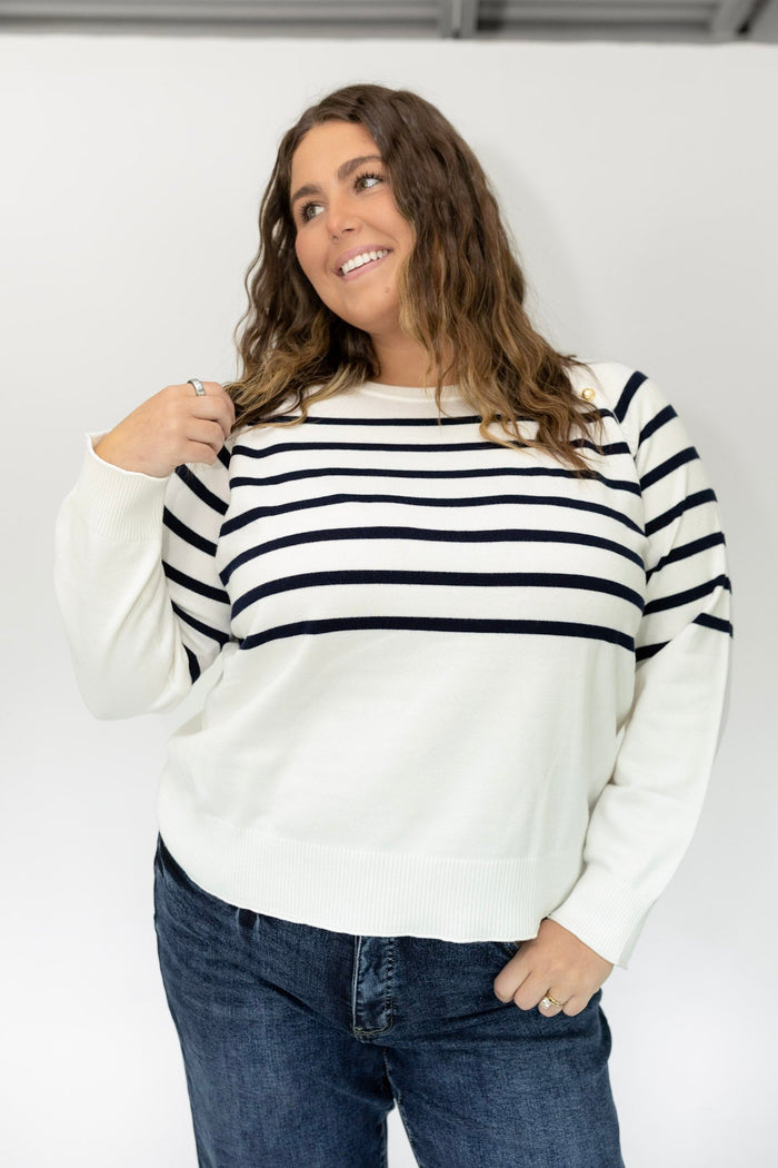 Classic Breton Stripe Button Shoulder Sweater – Navy & Ivory - Love Marlow