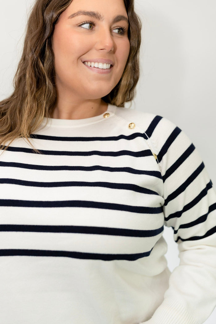 Classic Breton Stripe Button Shoulder Sweater – Navy & Ivory - Love Marlow