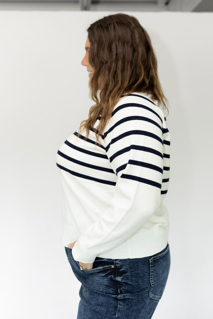 Classic Breton Stripe Button Shoulder Sweater – Navy & Ivory - Love Marlow