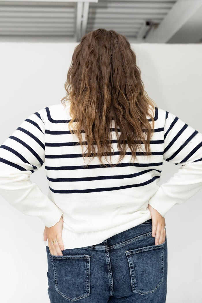 Classic Breton Stripe Button Shoulder Sweater – Navy & Ivory - Love Marlow