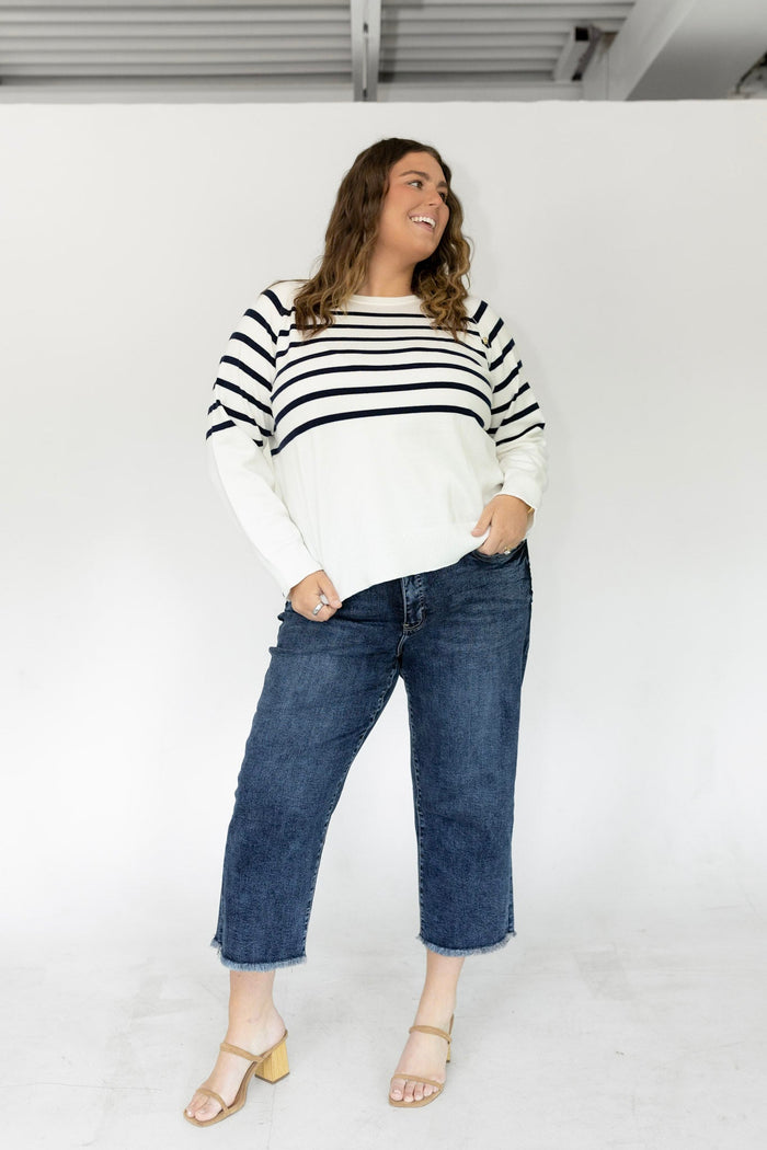Classic Breton Stripe Button Shoulder Sweater – Navy & Ivory - Love Marlow