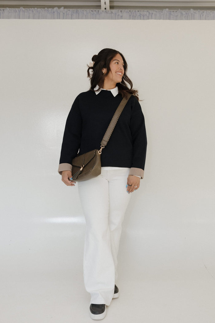 CLASSIC CREW NECK SWEATER WITH CUFF DETAIL IN DEEP NAVY - Love Marlow