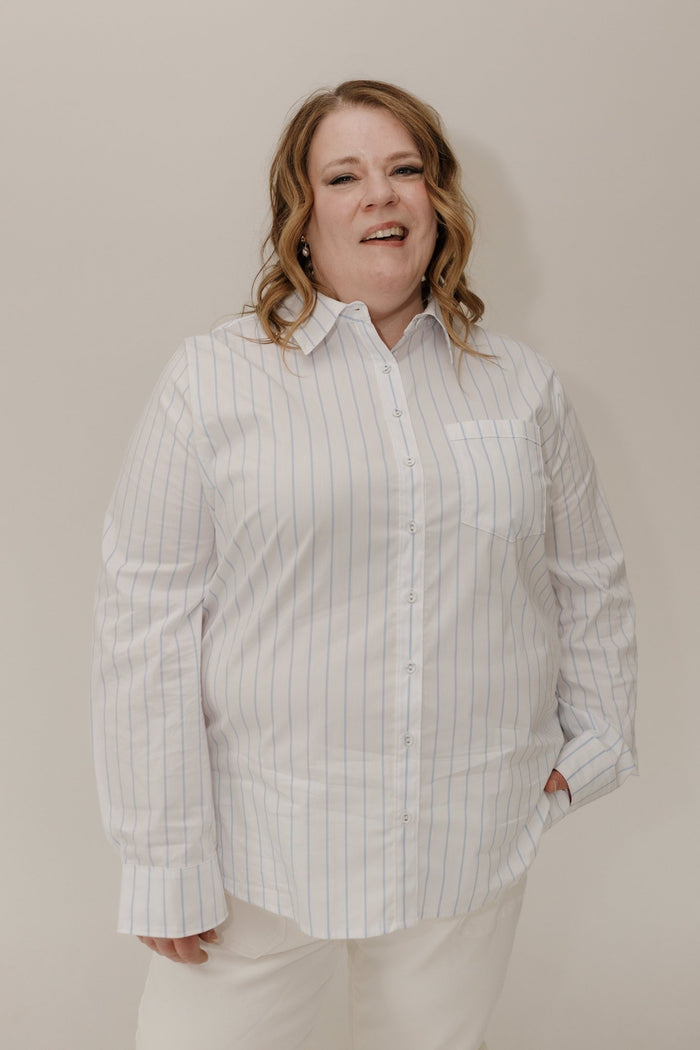 Classic Relaxed Striped Poplin Button Down - Off White | Classic Blue - Love Marlow